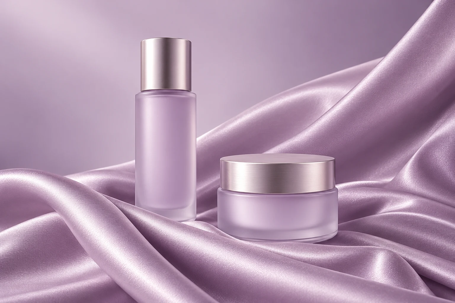 Beauty product video concept still with lavender cosmetic packaging on satin