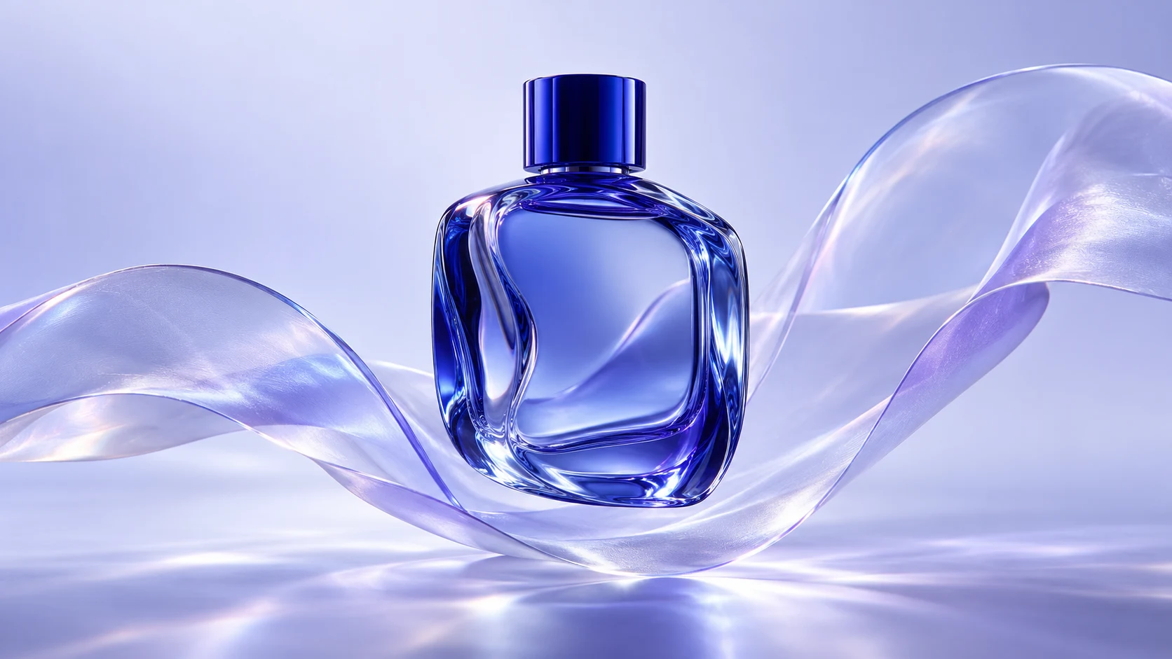 Fragrance advertising video concept still featuring a cobalt glass bottle and a flowing ribbon
