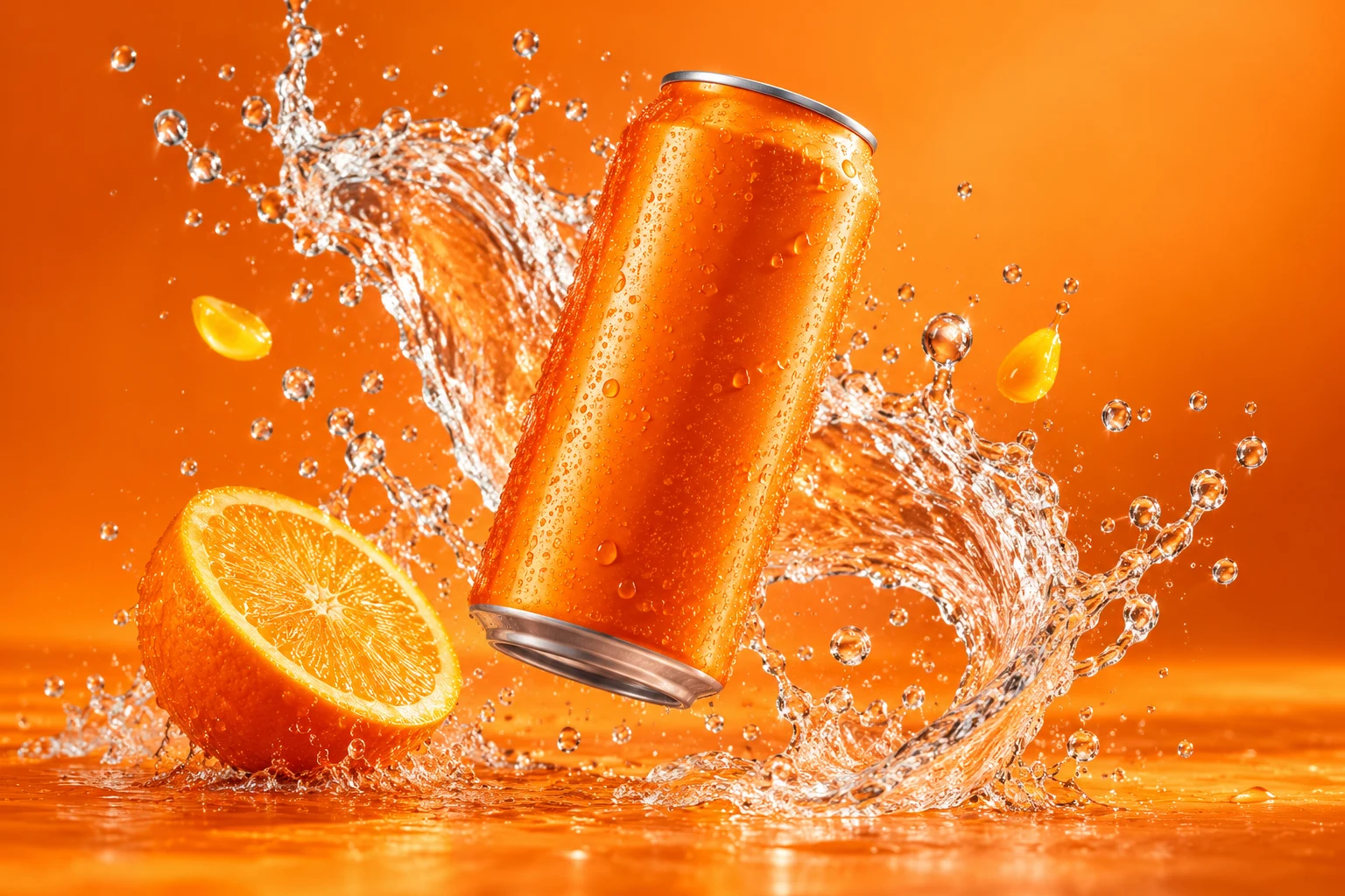 Beverage commercial concept still with an orange can, citrus and a suspended water splash